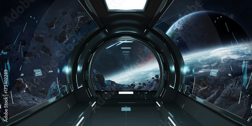 Spaceship Interior With View On Planets 3d Rendering