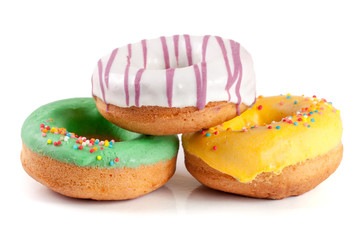 three glazed donuts isolated on white background