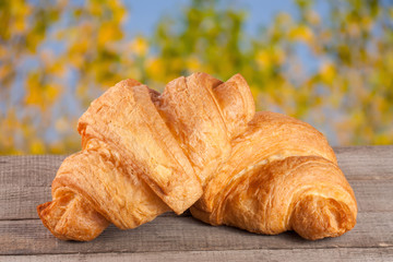 two croissant on a wooden board with a blurry garden background