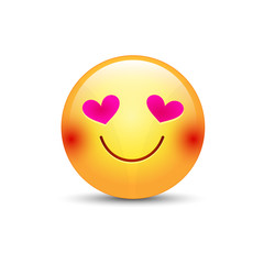 Happy loving emoticon face with eyes in the form of hearts. Cartoon vector emoji in love with smile