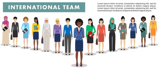Obraz premium Group of business women standing together on white background in flat style. Business team and teamwork concept. Different nationalities and dress styles. Flat design people characters.