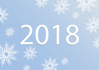 Fototapeta na wymiar Happy New Year 2018 card with 3d paper snowflakes. Paper type on winter background with snow and snowflakes. Greeting card, poster or brochure template. Vector illustration.
