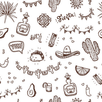 Mexican holidays pattern with doodle party elements