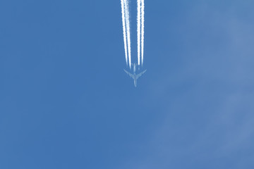 Jet is flying in the blue sky, horizontal