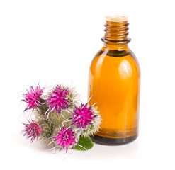 burdock oil in glass bottle and burdock flowers isolated on white background