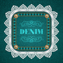 Square patch with rivets and lace border on denim background. Vector Illustration