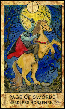 Headless horseman. Minor Arcana Tarot Card. Page of Swords. Fantasy graphic illustration