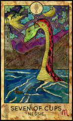 Nessie. Minor Arcana Tarot Card. Seven of Cups. Fantasy graphic illustration