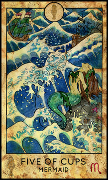 Mermaid. Minor Arcana Tarot Card. Five of Cups. Fantasy graphic illustration