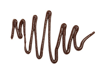 Hot melted chocolate pouring isolated on white background, top view