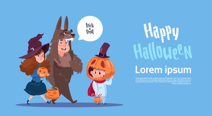 Fototapeta premium Cute Kids Wear Monsters Costume, Happy Halloween Banner Party Celebration Concept Flat Vector Illustration