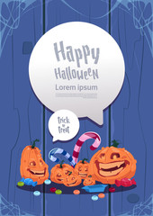 Happy Halloween Party Banner Pumpkins Traditional Decoration Holiday Greeting Card Flat Vector Illustration