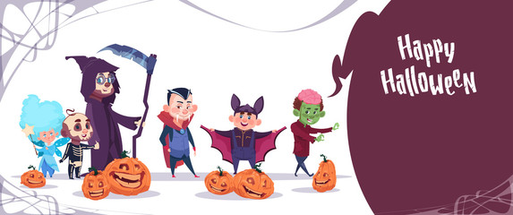 Naklejka premium Cute Kids Wear Monsters Costume, Happy Halloween Banner Party Celebration Concept Flat Vector Illustration