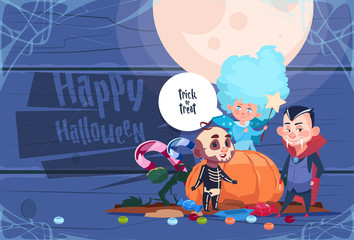 Cute Kid Wear Bat Costume With Pumpkin, Happy Halloween Banner Party Celebration Concept Flat Vector Illustration