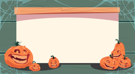 Happy Halloween Banner Different Pumpkins Over White Copy Space Traditional Decoration Greeting Card Flat Vector Illustration