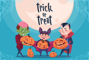 Happy Halloween Trick Or Treat Banner Cute Kids Monsters With Pumpkins Traditional Decoration Greeting Card Flat Vector Illustration