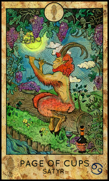 Satyr. Minor Arcana Tarot Card. Page of Cups. Fantasy graphic illustration