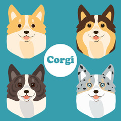 Cartoon Welsh Corgi faces set. Vector illustration.