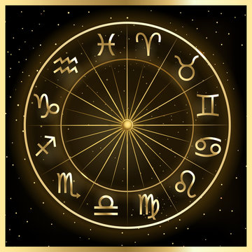 Vector illustration of zodiac circle on cosmic background with stars.