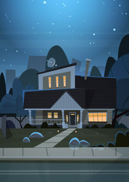 House Building Night View Suburb Of Big City, Cottage Real Estate Cute Town Concept Flat Vector Illustration