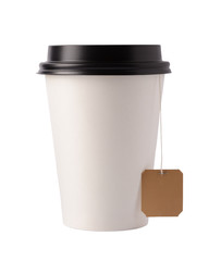 White paper cup with black top and tea label. Isolated on white background.