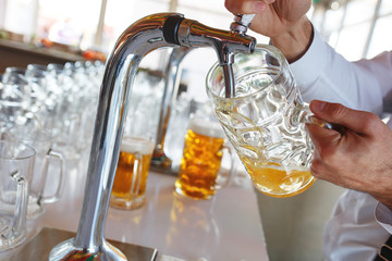 Barman pours a light foamy beer into a large mug during the Oktoberfest party.