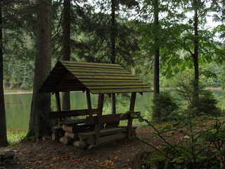 Wooden arbor for rest and picnic on the shore of a forest lake