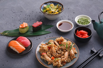 Served table with asian food