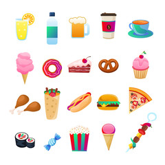 Set of colorful cartoon fast food icons. Isolated on white
