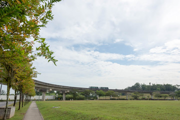 Obraz premium Lrt train railroad with grasses and blue sky