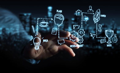 Businessman using manuscript project presentation with his hand