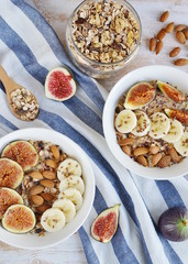 Healthy Fresh Breakfast Fig Banana Soy Milk Yogurt with Muesli Oat Granola Honey Close up Wooden Background Healthy Lifestyle
