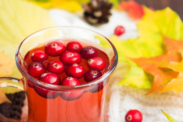 Cup of red cranberry beverage with autumn leaves and warm clothes on background