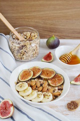 Healthy Fresh Breakfast Fig Banana Soy Milk Yogurt with Muesli Oat Granola Honey Close up Wooden Background Healthy Lifestyle