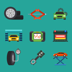 Auto car repair service symbols isolated shop worker maintenance transportation automotive mechanic vector illustration.