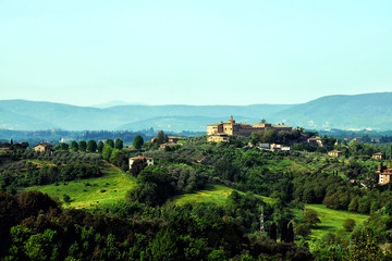 Fototapeta na wymiar valley landscape old castle on the horizon