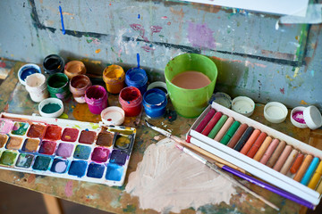 Background image of messy art supplies set on shelf of artists easel: watercolor and gouache...