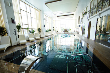 Background image of designer swimming pool interior  in luxury SPA center , no people