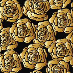 Rose flower seamless pattern. Gold roses on black background. St