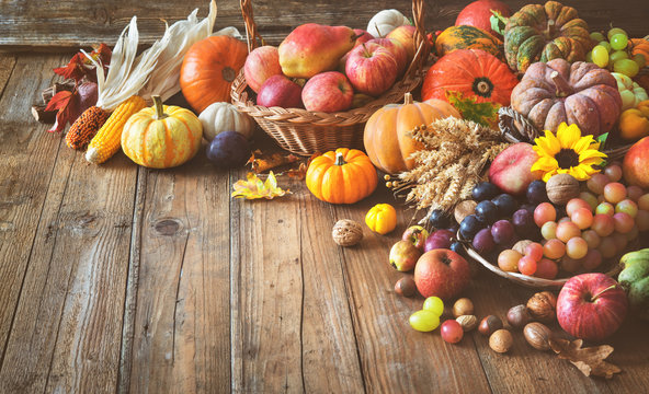 Autumn thanksgiving still life on wooden table