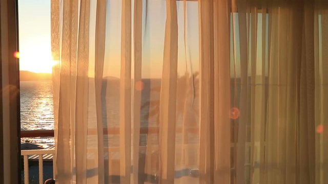 View of the sea and palm tree from a hotel room