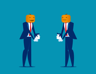 Halloween. Business people and pumpkinhead, holding head. Concept business vector illustration.