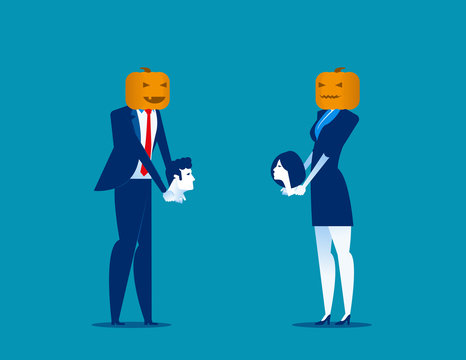 Halloween. Business people and pumpkinhead, holding head. Concept business vector illustration.