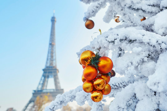 Christmas tree covered with snow near the Eiffel tower in Paris