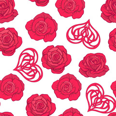 Seamless pattern with red roses and love heart on white backgrou - obrazy, fototapety, plakaty