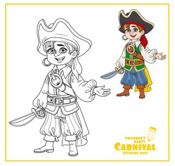 Cute boy in pirate costume color and outlined for coloring page