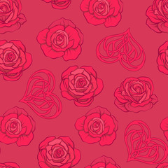 Seamless pattern with red roses and love heart on red background