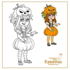 Cute girl in pumpkin costume color and outlined for coloring page