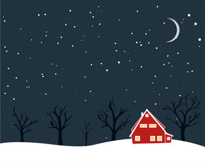 Winter scenery with tiny red house naked trees and moon. Christmas card design.