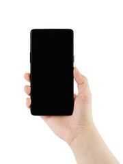 young female hand holding smartphone with black screen isolated on white